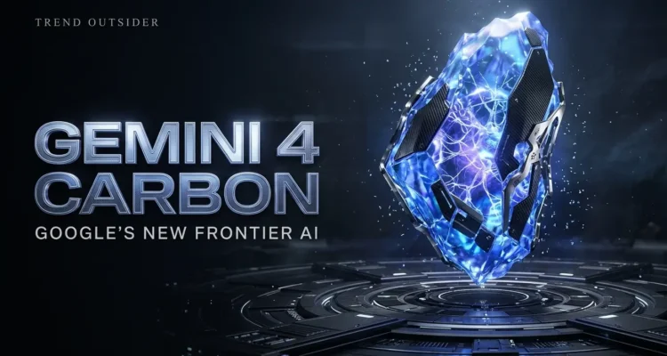 Cinematic editorial illustration of Google Gemini 4 Carbon as a glowing artificial intelligence core.
