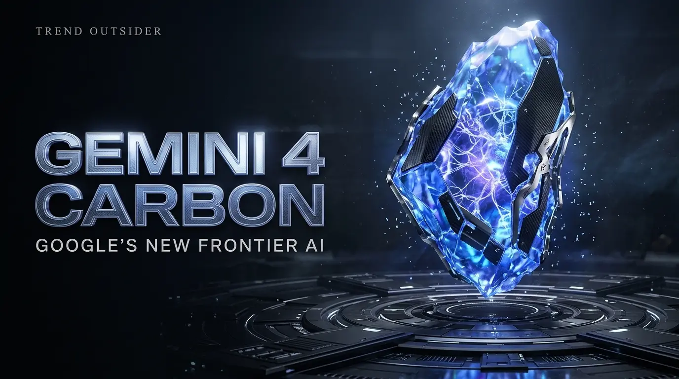 Cinematic editorial illustration of Google Gemini 4 Carbon as a glowing artificial intelligence core.