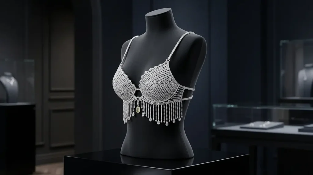AI-generated illustration of a jewelled bra displayed on a black mannequin