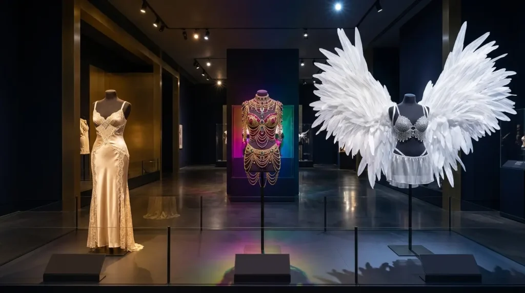 AI-generated illustration of an exhibition displaying a gown, a jewelled garment and feathered runway wings on mannequins