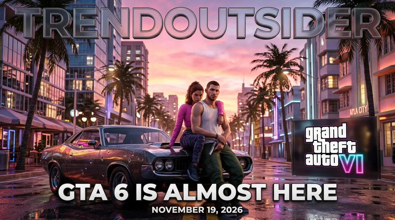 Cinematic 3D GTA 6 release feature showing Vice City inspired scenery and November 19 launch date.