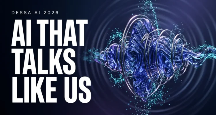 Premium 3D illustration of Dessa AI voice technology with glowing sound waves and the headline AI That Talks Like Us.