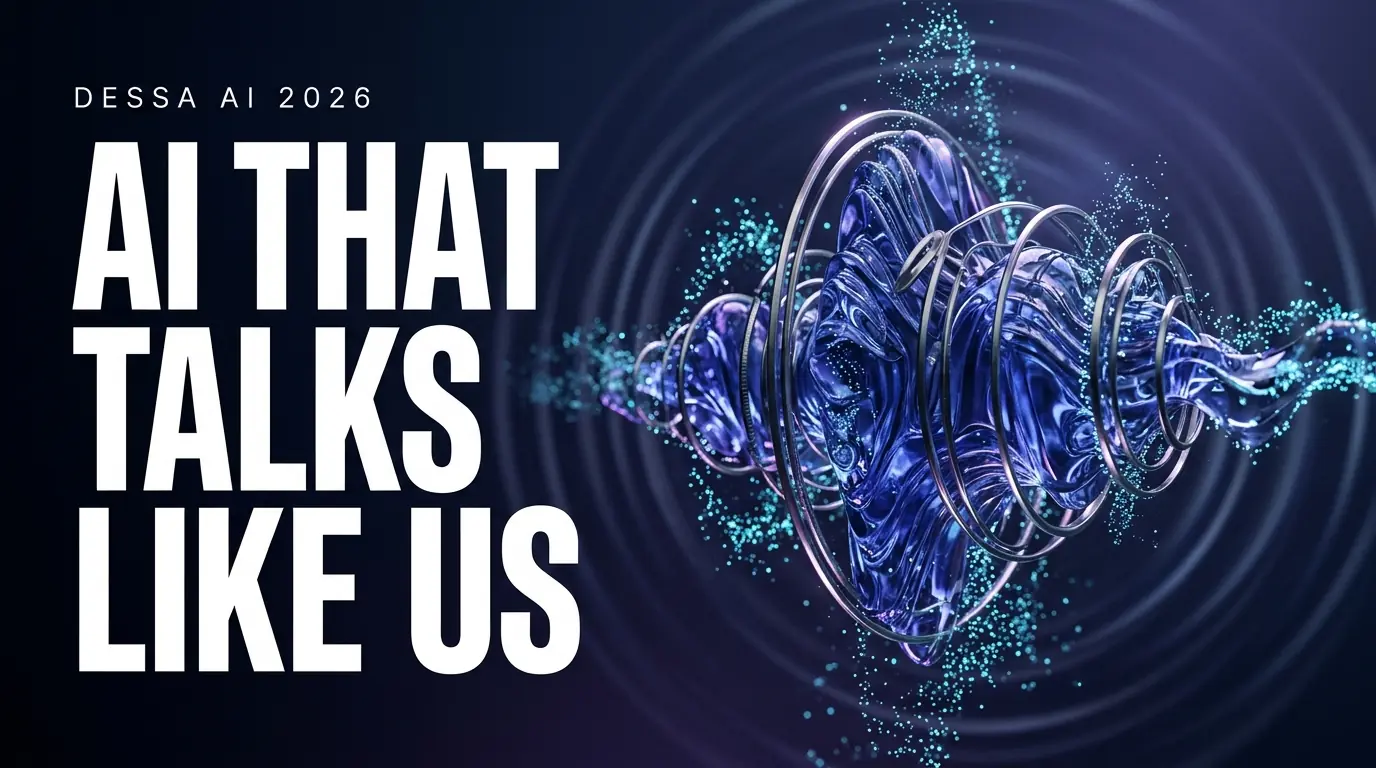 Premium 3D illustration of Dessa AI voice technology with glowing sound waves and the headline AI That Talks Like Us.