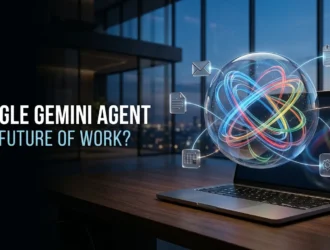 Google Gemini agent for work illustrated as an AI assistant coordinating workplace applications.