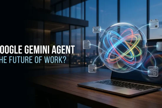 Google Gemini agent for work illustrated as an AI assistant coordinating workplace applications.