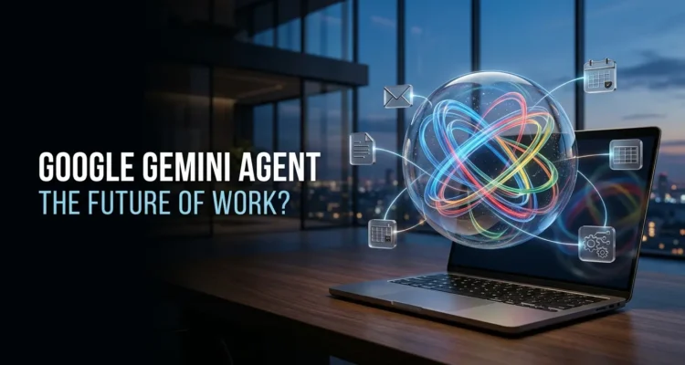 Google Gemini agent for work illustrated as an AI assistant coordinating workplace applications.