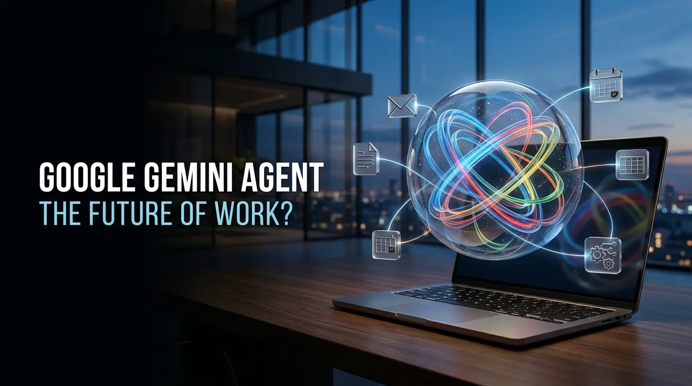 Google Gemini agent for work illustrated as an AI assistant coordinating workplace applications.