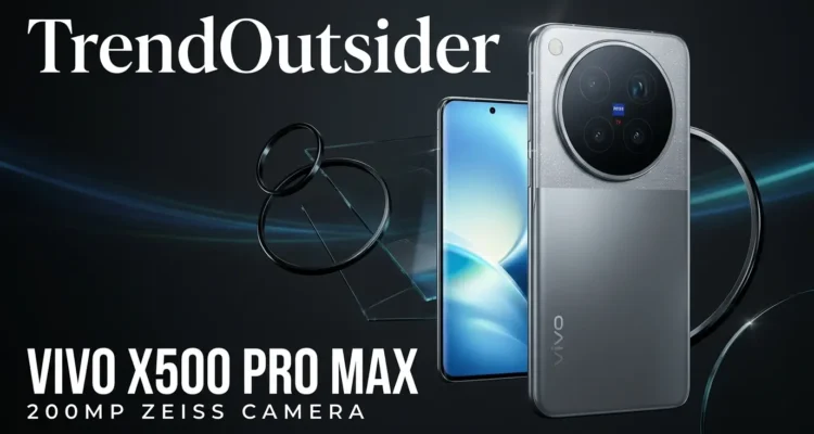 Cinematic 3D illustration of Vivo X500 Pro Max highlighting its 200MP ZEISS camera.