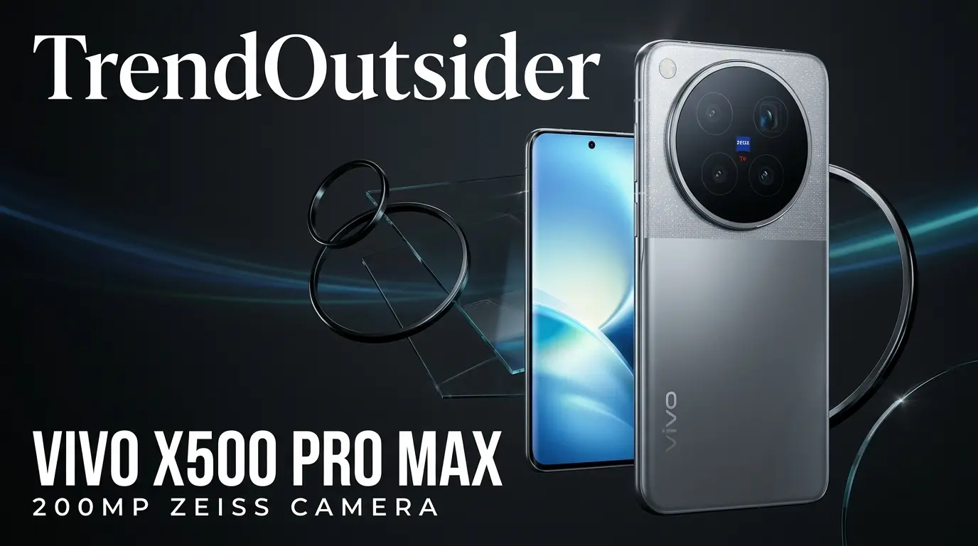 Cinematic 3D illustration of Vivo X500 Pro Max highlighting its 200MP ZEISS camera.