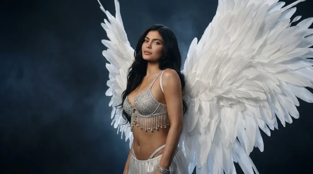 AI-generated illustration of a model posing in large white feathered wings