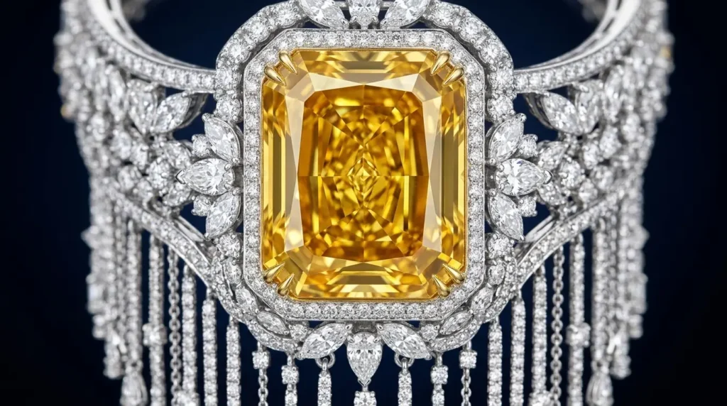 AI-generated close-up illustration of a large yellow diamond surrounded by white diamonds